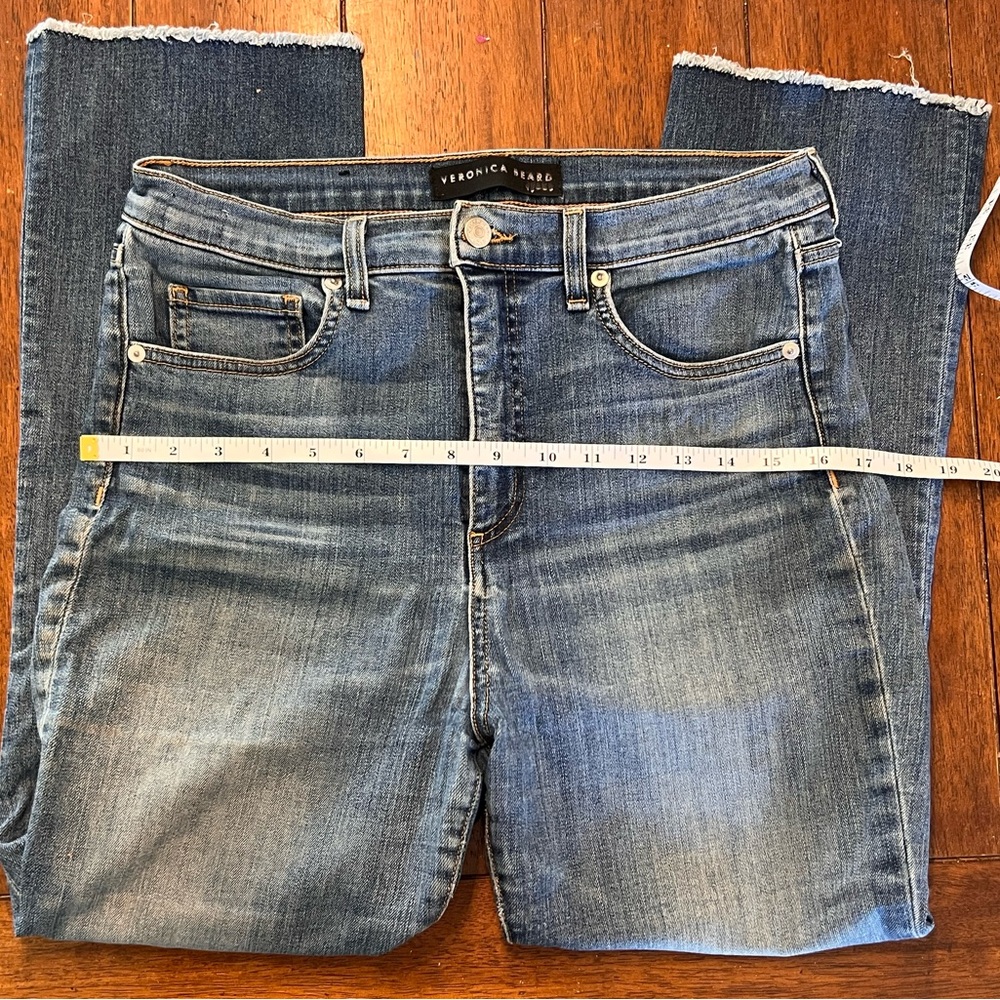 Veronica Beard Light-Mid Blue Cropped Raw-Hem Jeans